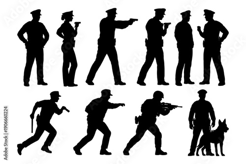 Silhouettes of male and female police officers in various poses and actions.