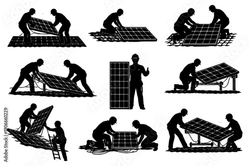 Silhouettes of diverse workers installing solar panels in various positions.