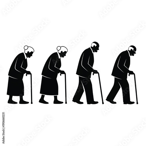 Elderly individuals walking with canes in a sequence illustrating progression of aging and mobility