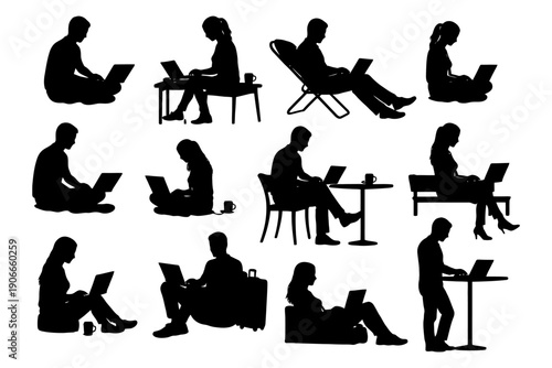 Silhouettes of diverse people working on laptops in various postures.