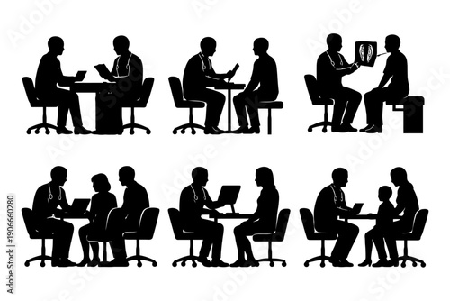 Medical consultation silhouettes: diverse doctor-patient interactions.
