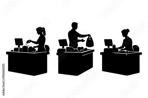 Silhouette of male and female cashiers at checkout counters performing retail tasks.