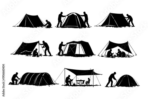 Silhouette of people setting up and enjoying camping tents.
