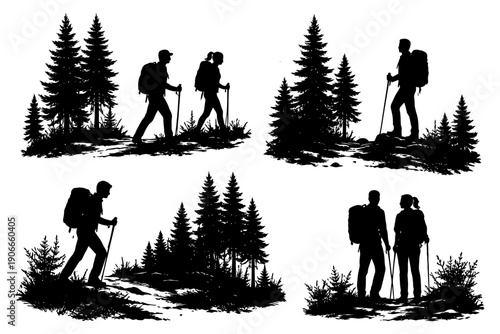 Silhouettes of hikers: nature exploration and hiking adventure.