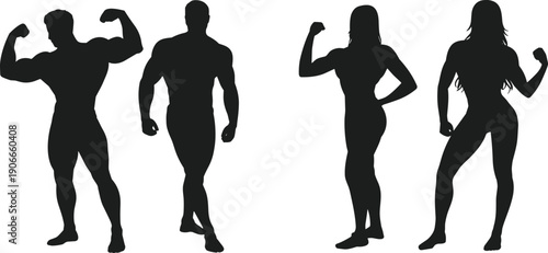Male and female fitness bodybuilder silhouettes muscular strength poses isolated on white background gym workout illustration