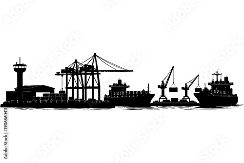 Silhouette of cargo ships and cranes in industrial harbor scene.