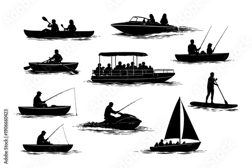 Silhouettes of water activities: kayaking, sailing, and fishing.