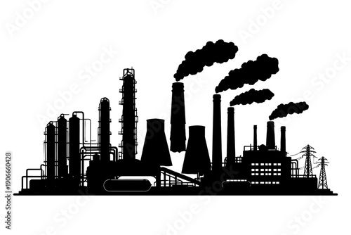 Industrial factory silhouette with smoke emissions and power lines.