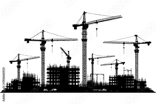 Silhouette of construction site with tower cranes and partially constructed buildings.