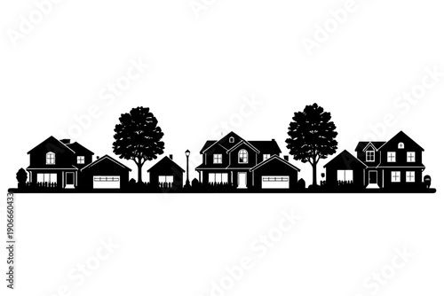 Silhouette of suburban neighborhood with houses and trees.