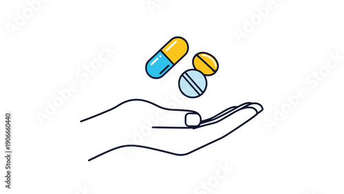 Medical healthcare illustration featuring hand with various pills and capsules representing pharmacy and medicine.