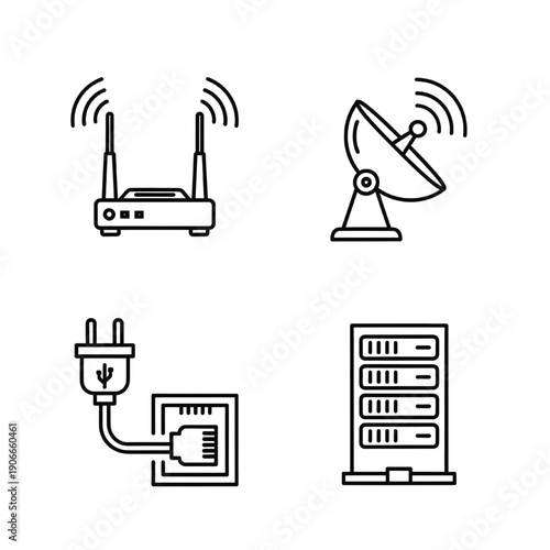 Modern wireless router, satellite dish, power plug, and server illustrations in a clean and simple style on a white background viewed from the front