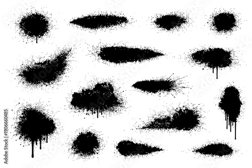 Set of black grunge ink splatter and drip shapes on white background.