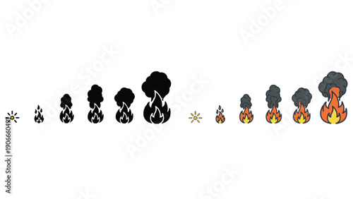 Flame icon vector illustration shows fire growth stages from spark to blaze