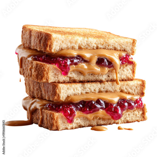 Peanut butter and jelly sandwich stack, dripping jam and nut butter, toasted bread snack food for lunch menus isolated on Transparent Background