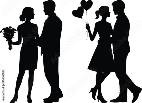 Romantic couple silhouette holding flowers and heart balloons, love relationship concept, valentine romance illustration isolated