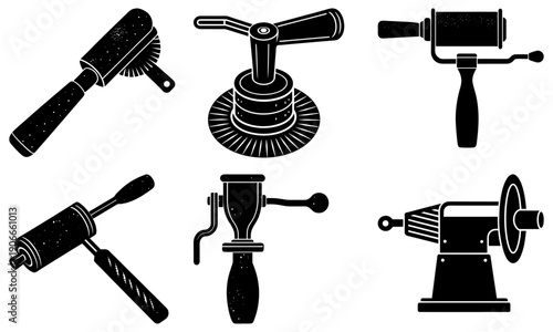 Assorted kitchen grinders and mill illustrations arranged neatly together in a graphic display