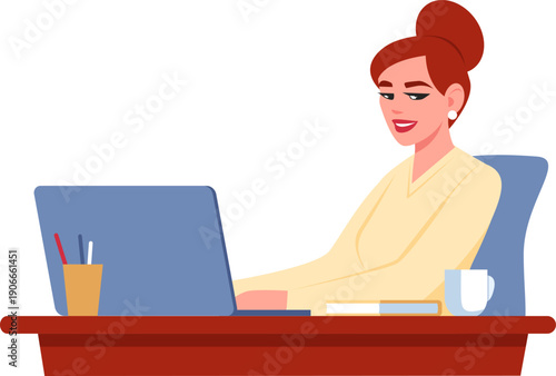 female secretary or assistant sits at computer