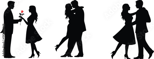 Romantic couple silhouette set, man giving rose, kissing hugging lovers, love relationship concept, isolated black vector illustration