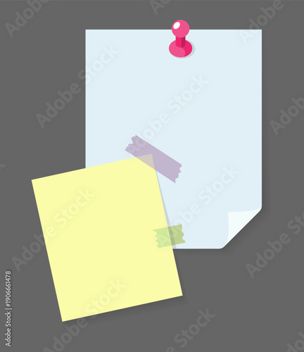 Paper notes stickers. Place for memo messages on paper sheets. Attached with sticky colorful tape on grey background isolated vector illustration