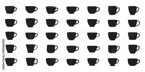 Vector set of coffee and tea cup silhouettes, various mug icons for cafe menu and kitchenware branding.