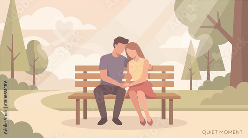 A serene and loving moment shared by a young couple, holding hands on a peaceful park bench under gentle sunlight, reflecting tranquility and companionship