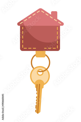 Door keys keyfob. Ring with trinket, keychains plastic tag hanging on keyring. House, apartment or room locking accessories. Cartoon flat vector isolated on white background