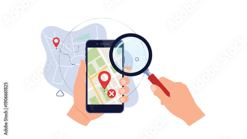 Digital map search and location finding illustration featuring smartphone with magnifying glass and map pins.