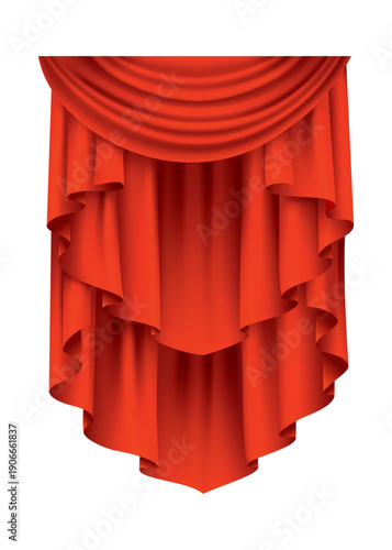 Red curtains realistic. Theater fabric silk decoration for movie cinema or opera hall. Curtains and draperies interior decoration object. Isolated on transparent for theater stage