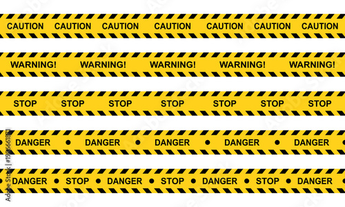 Set of caution tapes with black and yellow diagonal slashes, Warning borders in construction work zone or crime scene,Danger, Attention tapes. for police, accidents, construction. Vector illustration
