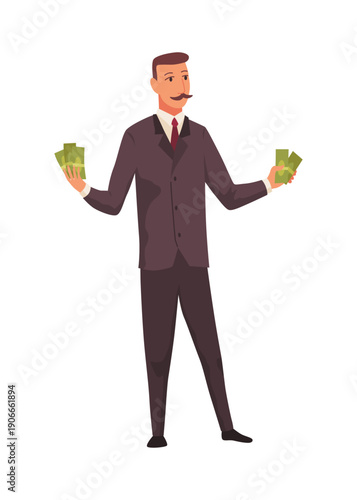 Rich man flat cartoon comic element, millionaire man money vector illustration