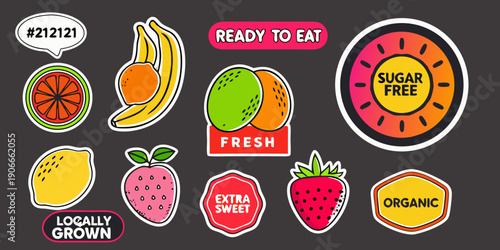 Colorful fruit stickers and labels with nutritional information