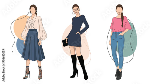Stylish women fashion collection illustrations showing different seasonal outfits for modern professional and casual looks.