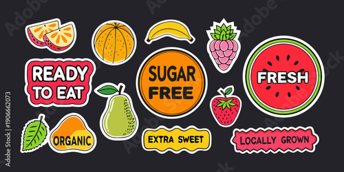 Colorful fruit and health themed patches on a dark background
