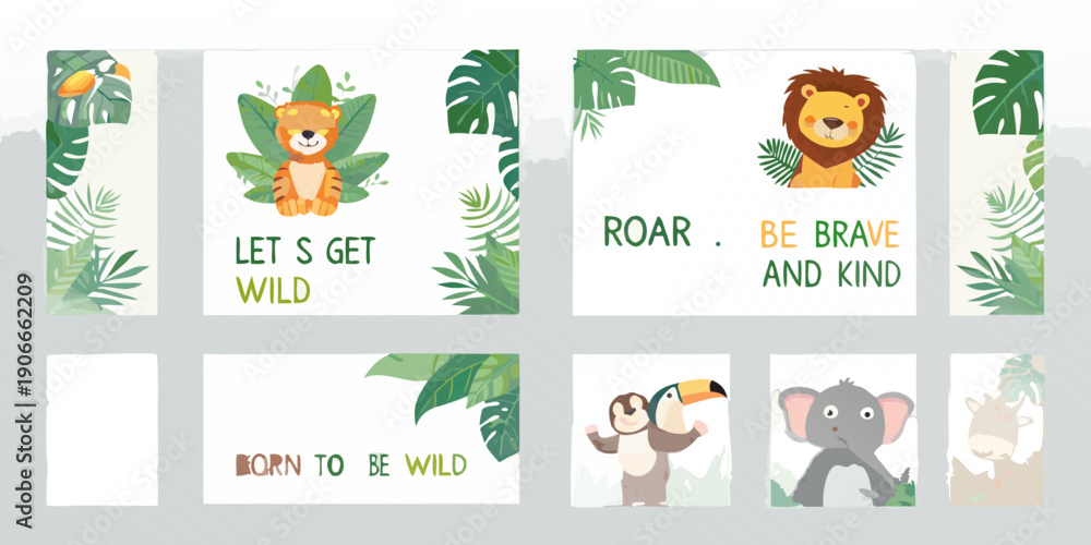 Fototapeta premium Baby animal themed nursery art prints with tropical foliage designs