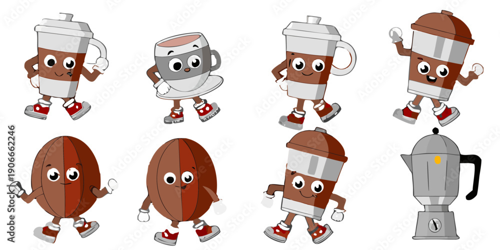 Fototapeta premium Animated coffee cups beans and a pot with playful cartoon faces