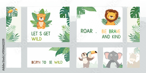 Baby animal themed nursery art prints with tropical foliage designs