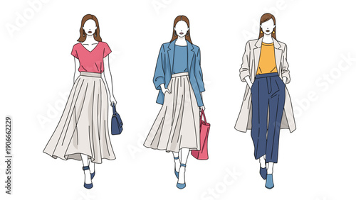 Elegant contemporary women fashion sketches showcasing sophisticated long skirts and outerwear for city lifestyle.