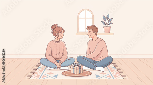 Sweet illustration of a loving pair exchanging thoughtful gifts while relaxing indoors, symbolizing togetherness, appreciation, and a special bond