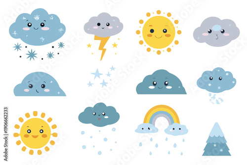 Cute cartoon weather icons including sun clouds rain and snow
