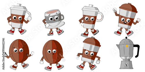 Animated coffee cups beans and a pot with playful cartoon faces