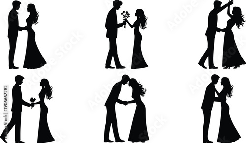 Romantic couple silhouettes in love moments, dancing, gifting flowers, wedding and relationship concept, black and white vector illustration