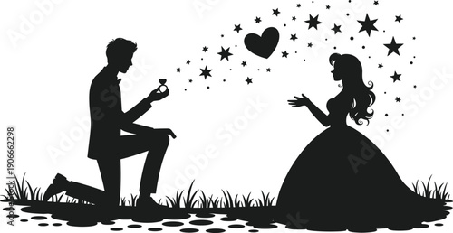 Romantic silhouette man proposing marriage to woman with ring hearts stars isolated white background love engagement illustration