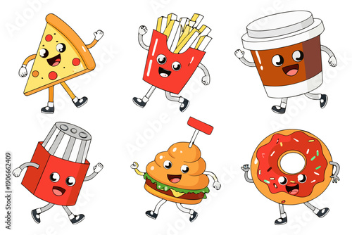 Cartoon fast food items with faces and arms cheerfully illustrated