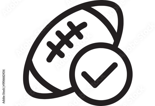 Football icon with checkmark symbol vector illustration, simple flat design for sport and games featuring rugby, clean composition on simple background