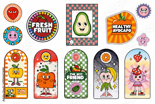 Colorful cartoon stickers featuring smiling fruits like avocados strawberries and bananas