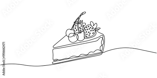 Continuous one line drawing of sliced cake - food and beverage concept. Cheese cake with strawberry and cherries in single line draw illustration, on white background.