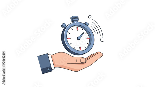 Time management and speed performance concept showing hand holding a moving stopwatch with motion lines on white background.