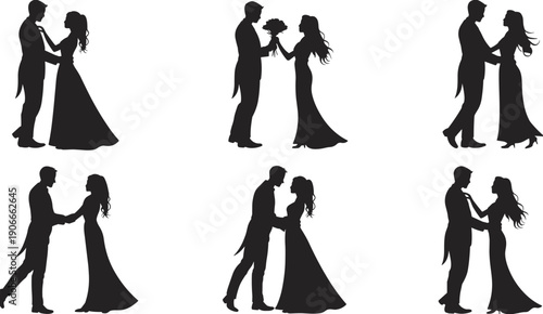Romantic wedding couple silhouette set, bride and groom dancing, proposal love moments, elegant marriage celebration black vector illustration