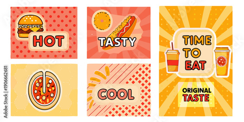 Colorful fast food illustrations with text overlays for a playful design